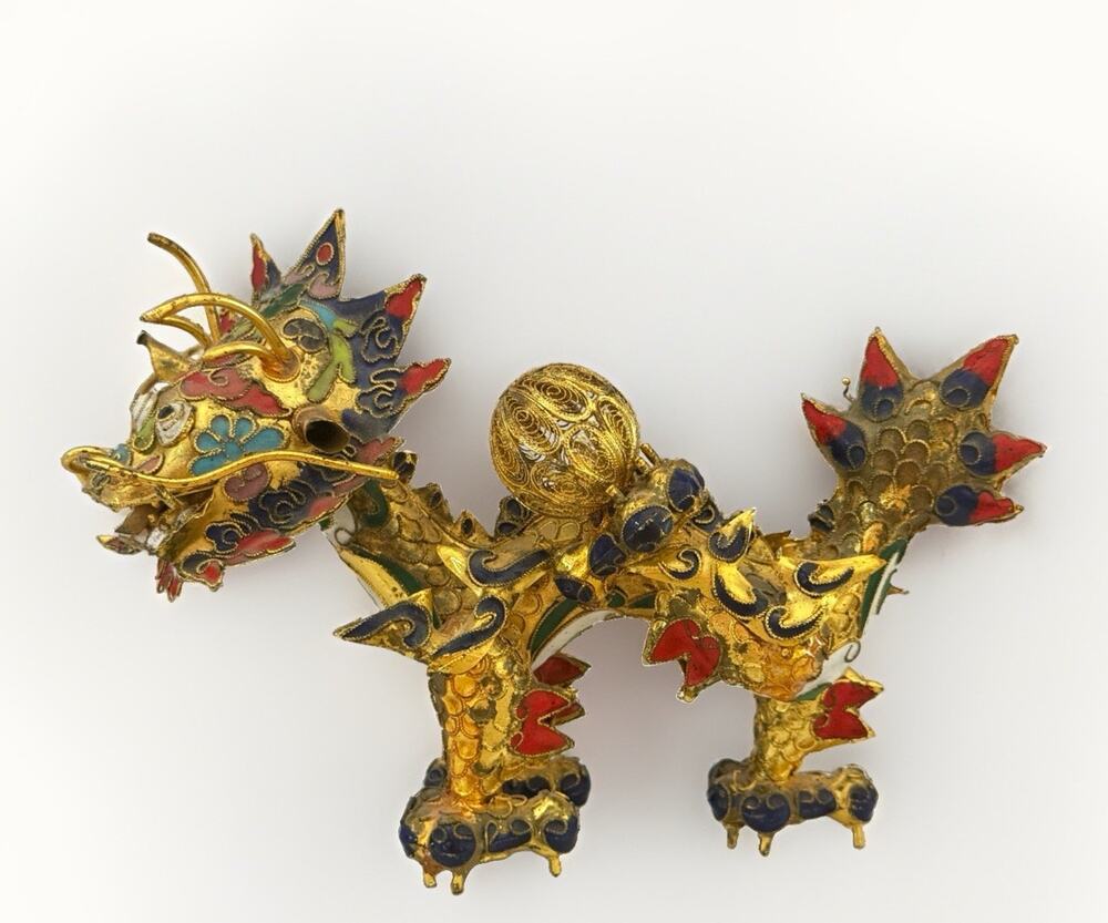 Vintage Chinese Cloisonne Enamel Painted Dragon Figurine Statue 7x6” Flaw On Ear